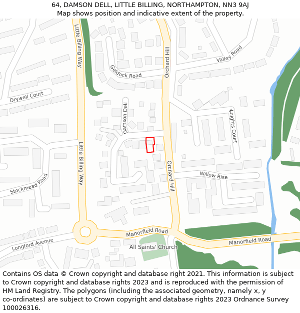 64, DAMSON DELL, LITTLE BILLING, NORTHAMPTON, NN3 9AJ: Location map and indicative extent of plot