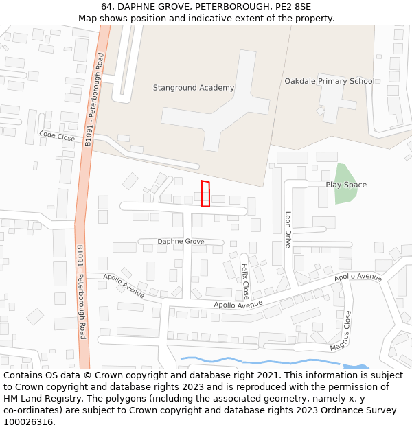 64, DAPHNE GROVE, PETERBOROUGH, PE2 8SE: Location map and indicative extent of plot