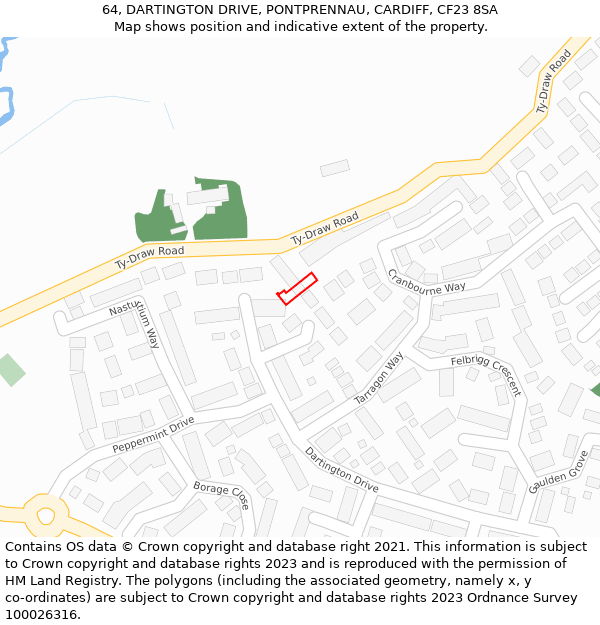 64, DARTINGTON DRIVE, PONTPRENNAU, CARDIFF, CF23 8SA: Location map and indicative extent of plot