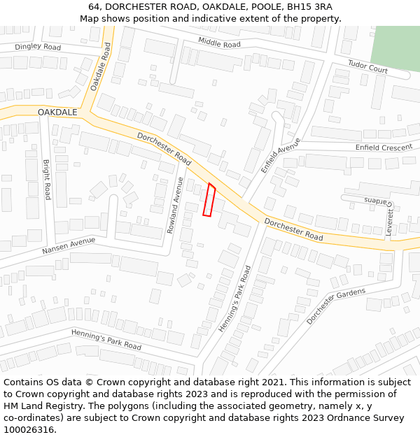 64, DORCHESTER ROAD, OAKDALE, POOLE, BH15 3RA: Location map and indicative extent of plot