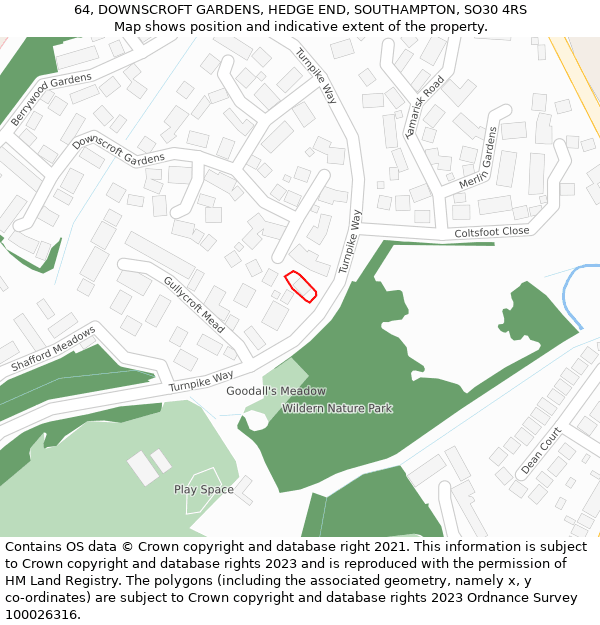 64, DOWNSCROFT GARDENS, HEDGE END, SOUTHAMPTON, SO30 4RS: Location map and indicative extent of plot