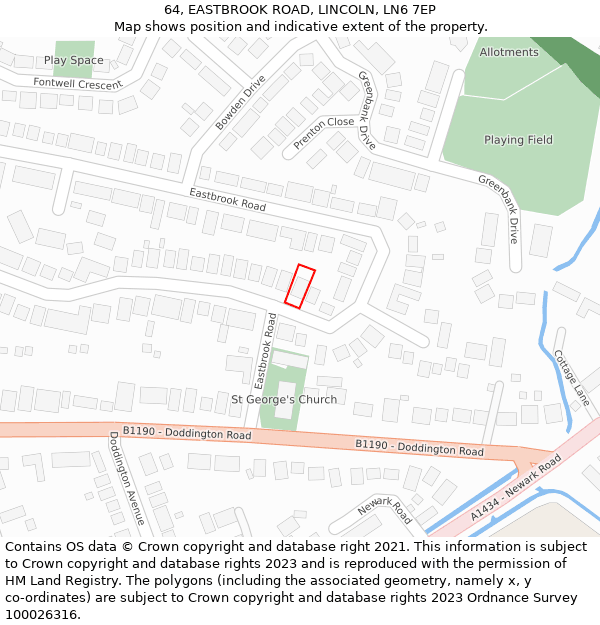 64, EASTBROOK ROAD, LINCOLN, LN6 7EP: Location map and indicative extent of plot