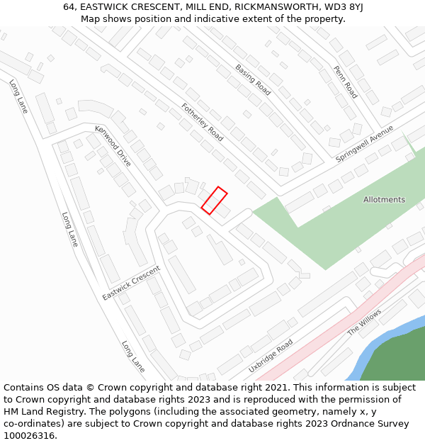 64, EASTWICK CRESCENT, MILL END, RICKMANSWORTH, WD3 8YJ: Location map and indicative extent of plot