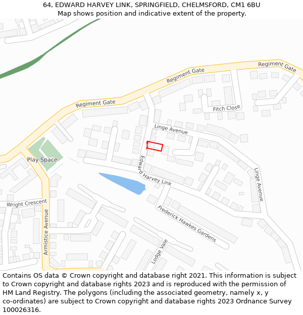 64, EDWARD HARVEY LINK, SPRINGFIELD, CHELMSFORD, CM1 6BU: Location map and indicative extent of plot