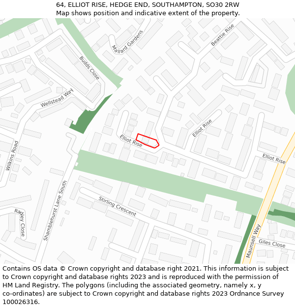 64, ELLIOT RISE, HEDGE END, SOUTHAMPTON, SO30 2RW: Location map and indicative extent of plot