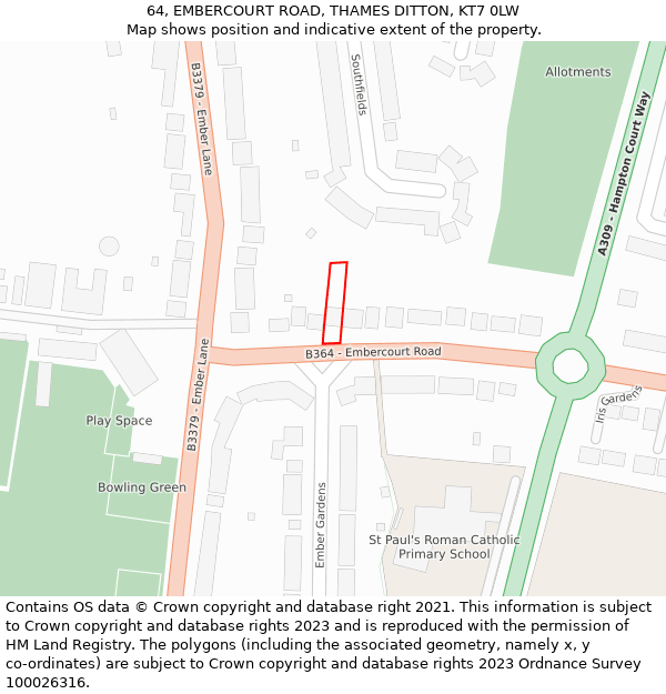 64, EMBERCOURT ROAD, THAMES DITTON, KT7 0LW: Location map and indicative extent of plot