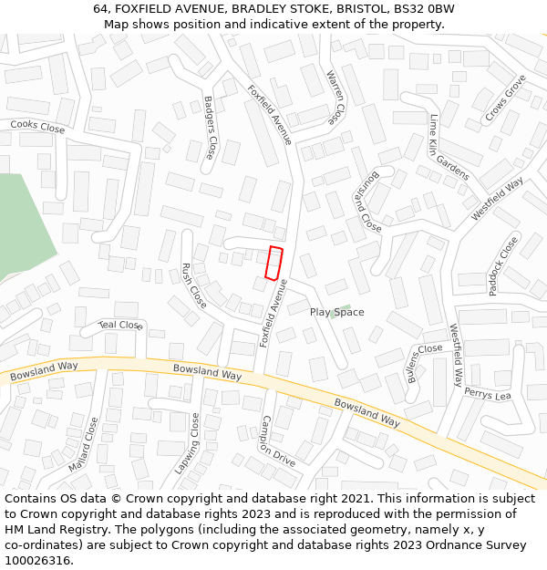 64, FOXFIELD AVENUE, BRADLEY STOKE, BRISTOL, BS32 0BW: Location map and indicative extent of plot