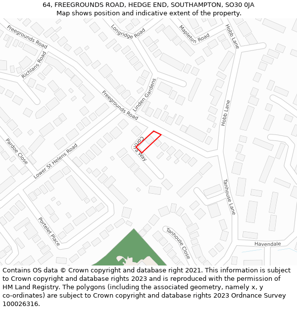 64, FREEGROUNDS ROAD, HEDGE END, SOUTHAMPTON, SO30 0JA: Location map and indicative extent of plot