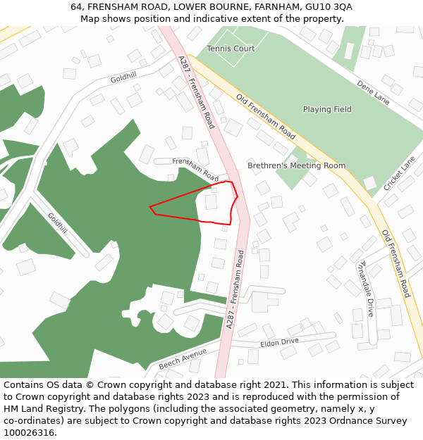 64, FRENSHAM ROAD, LOWER BOURNE, FARNHAM, GU10 3QA: Location map and indicative extent of plot