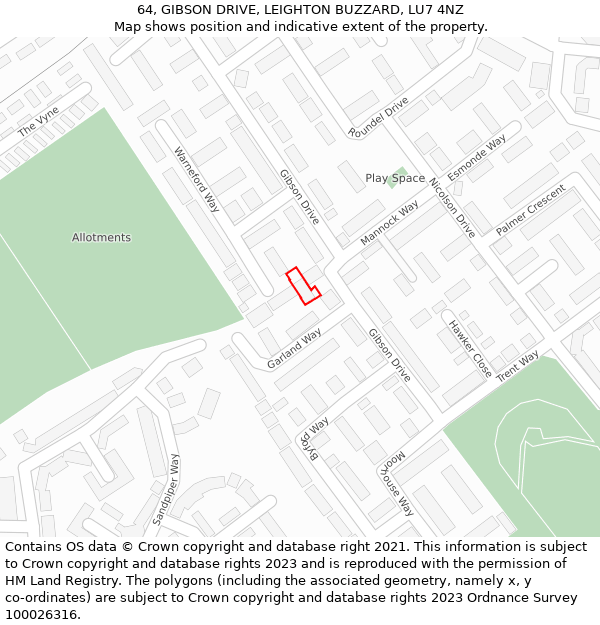 64, GIBSON DRIVE, LEIGHTON BUZZARD, LU7 4NZ: Location map and indicative extent of plot