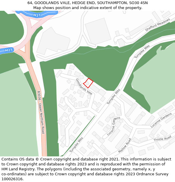 64, GOODLANDS VALE, HEDGE END, SOUTHAMPTON, SO30 4SN: Location map and indicative extent of plot