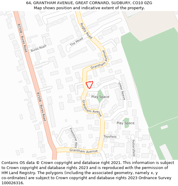 64, GRANTHAM AVENUE, GREAT CORNARD, SUDBURY, CO10 0ZG: Location map and indicative extent of plot