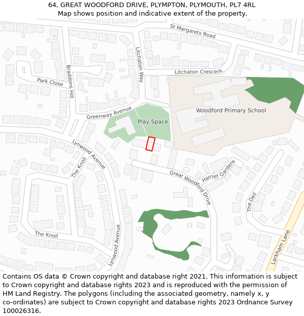 64, GREAT WOODFORD DRIVE, PLYMPTON, PLYMOUTH, PL7 4RL: Location map and indicative extent of plot