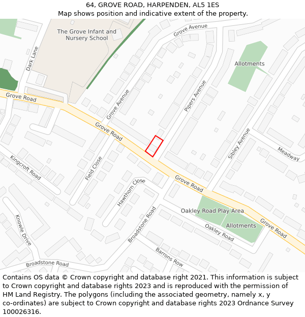 64, GROVE ROAD, HARPENDEN, AL5 1ES: Location map and indicative extent of plot