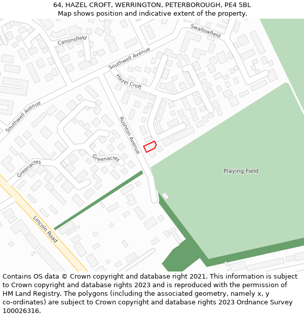 64, HAZEL CROFT, WERRINGTON, PETERBOROUGH, PE4 5BL: Location map and indicative extent of plot