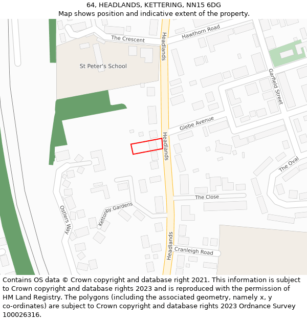 64, HEADLANDS, KETTERING, NN15 6DG: Location map and indicative extent of plot