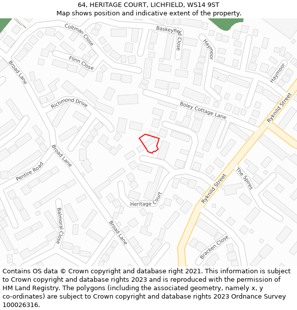 64, HERITAGE COURT, LICHFIELD, WS14 9ST: Location map and indicative extent of plot