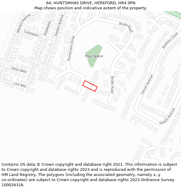 64, HUNTSMANS DRIVE, HEREFORD, HR4 0PN: Location map and indicative extent of plot