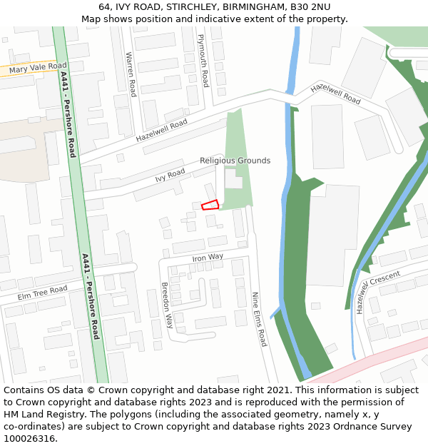 64, IVY ROAD, STIRCHLEY, BIRMINGHAM, B30 2NU: Location map and indicative extent of plot