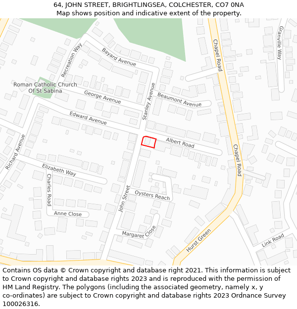 64, JOHN STREET, BRIGHTLINGSEA, COLCHESTER, CO7 0NA: Location map and indicative extent of plot