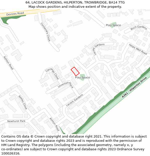 64, LACOCK GARDENS, HILPERTON, TROWBRIDGE, BA14 7TG: Location map and indicative extent of plot