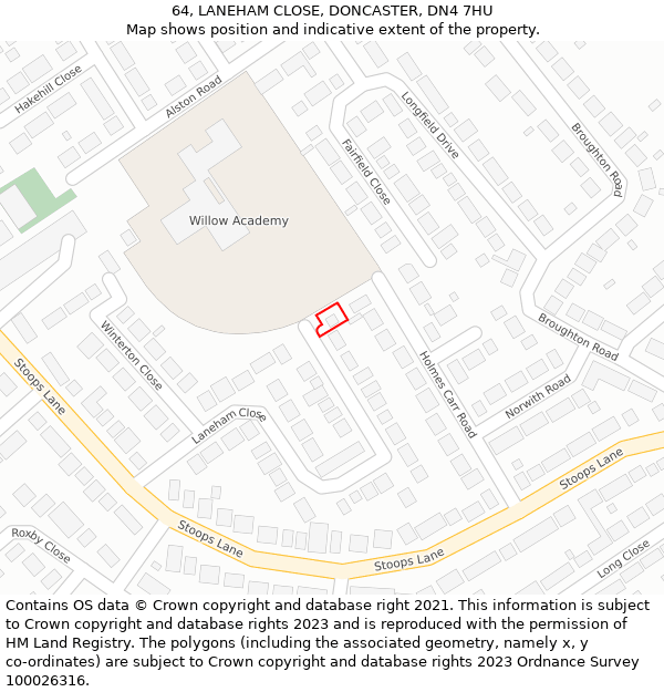 64, LANEHAM CLOSE, DONCASTER, DN4 7HU: Location map and indicative extent of plot