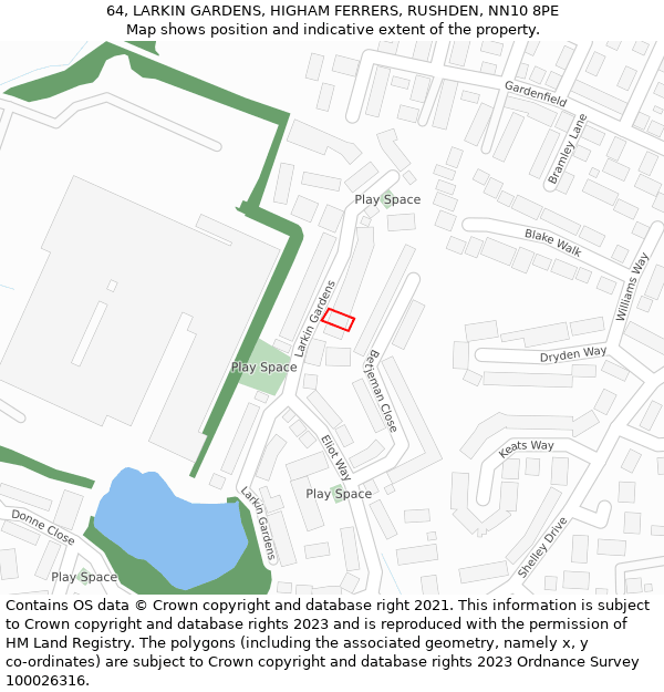 64, LARKIN GARDENS, HIGHAM FERRERS, RUSHDEN, NN10 8PE: Location map and indicative extent of plot