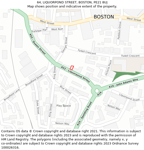 64, LIQUORPOND STREET, BOSTON, PE21 8UJ: Location map and indicative extent of plot