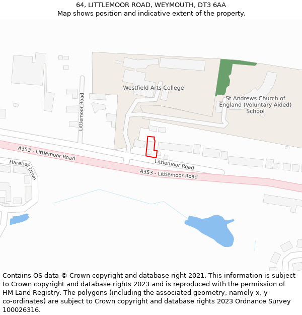 64, LITTLEMOOR ROAD, WEYMOUTH, DT3 6AA: Location map and indicative extent of plot