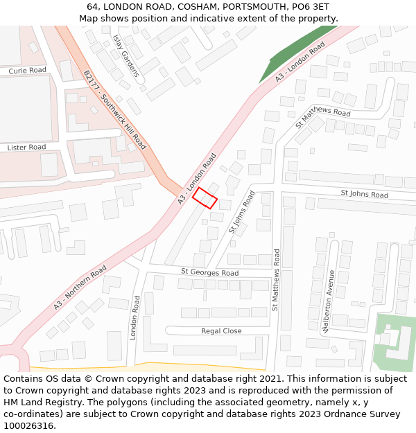 64, LONDON ROAD, COSHAM, PORTSMOUTH, PO6 3ET: Location map and indicative extent of plot