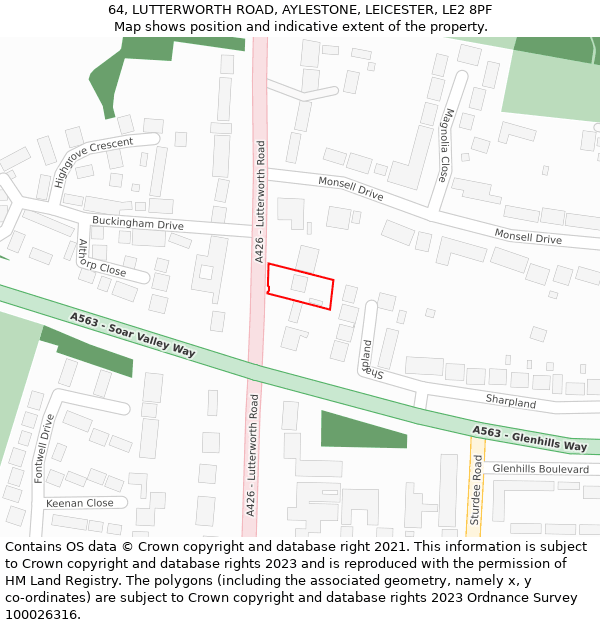 64, LUTTERWORTH ROAD, AYLESTONE, LEICESTER, LE2 8PF: Location map and indicative extent of plot