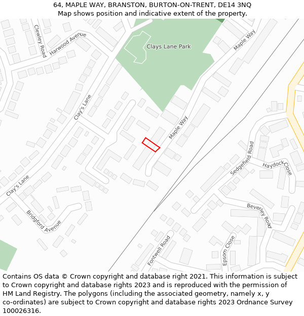 64, MAPLE WAY, BRANSTON, BURTON-ON-TRENT, DE14 3NQ: Location map and indicative extent of plot