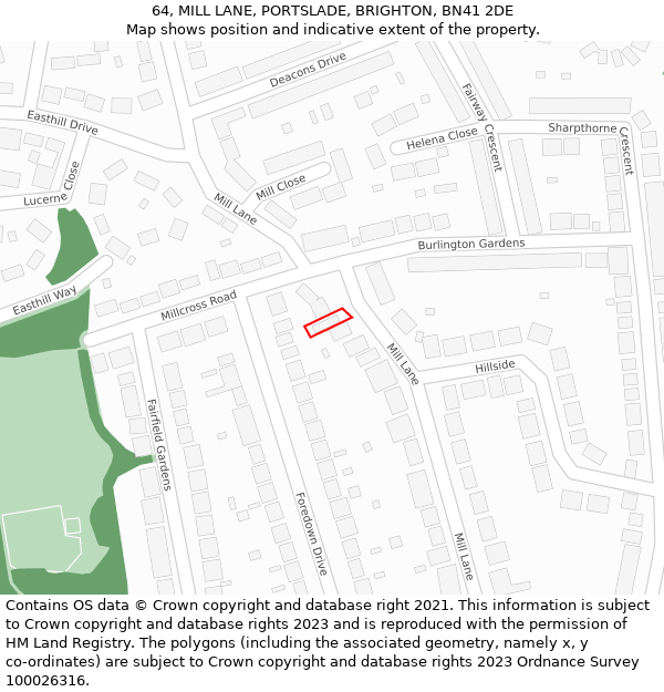64, MILL LANE, PORTSLADE, BRIGHTON, BN41 2DE: Location map and indicative extent of plot