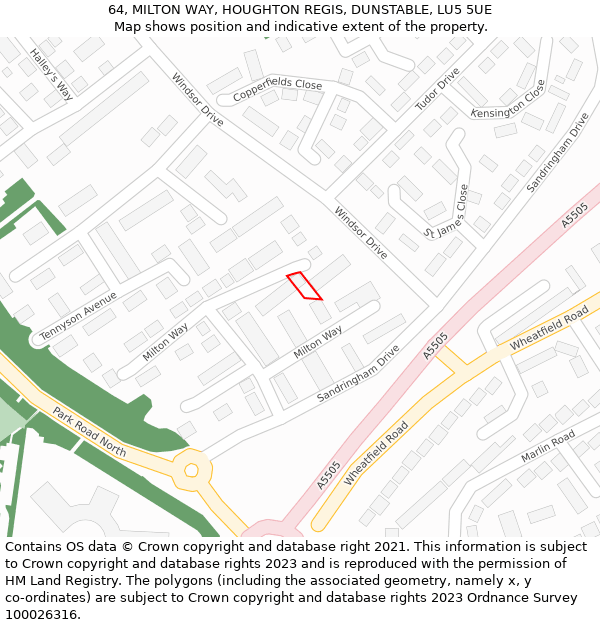 64, MILTON WAY, HOUGHTON REGIS, DUNSTABLE, LU5 5UE: Location map and indicative extent of plot