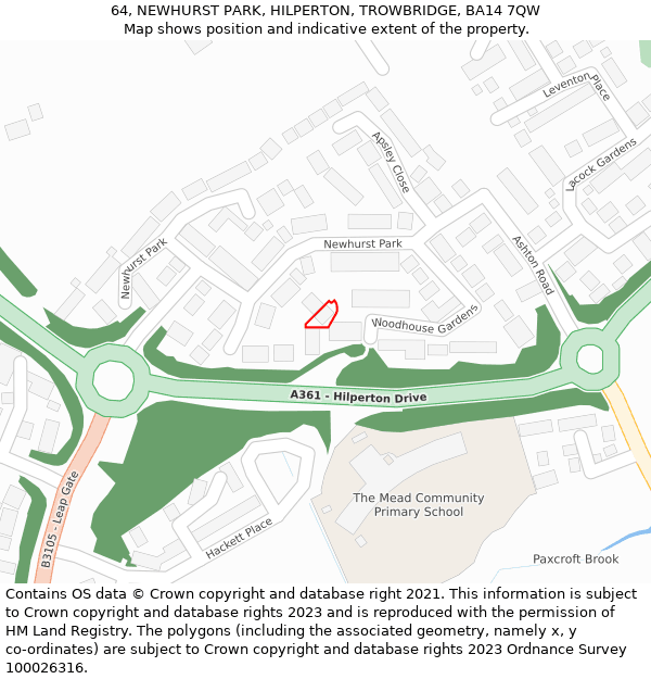 64, NEWHURST PARK, HILPERTON, TROWBRIDGE, BA14 7QW: Location map and indicative extent of plot