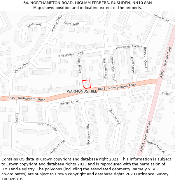 64, NORTHAMPTON ROAD, HIGHAM FERRERS, RUSHDEN, NN10 8AN: Location map and indicative extent of plot