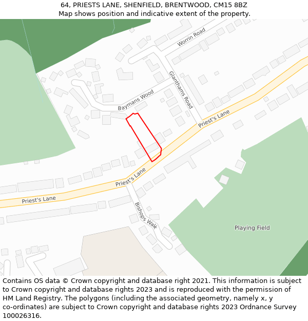 64, PRIESTS LANE, SHENFIELD, BRENTWOOD, CM15 8BZ: Location map and indicative extent of plot