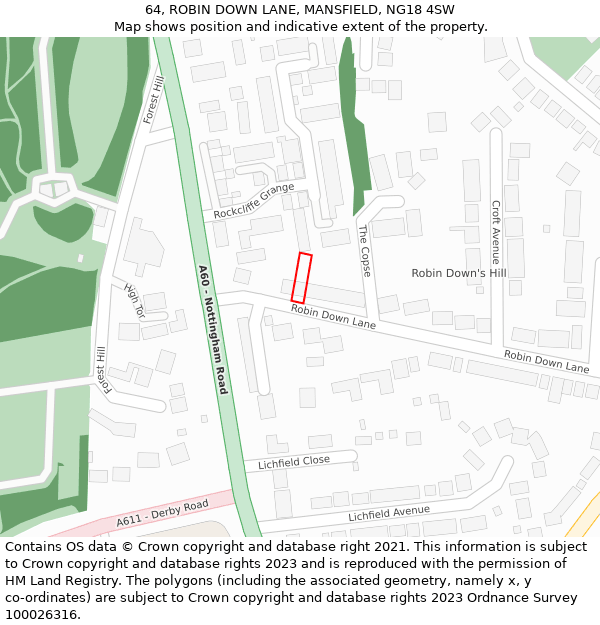 64, ROBIN DOWN LANE, MANSFIELD, NG18 4SW: Location map and indicative extent of plot