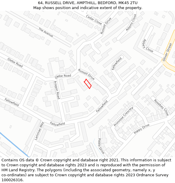 64, RUSSELL DRIVE, AMPTHILL, BEDFORD, MK45 2TU: Location map and indicative extent of plot