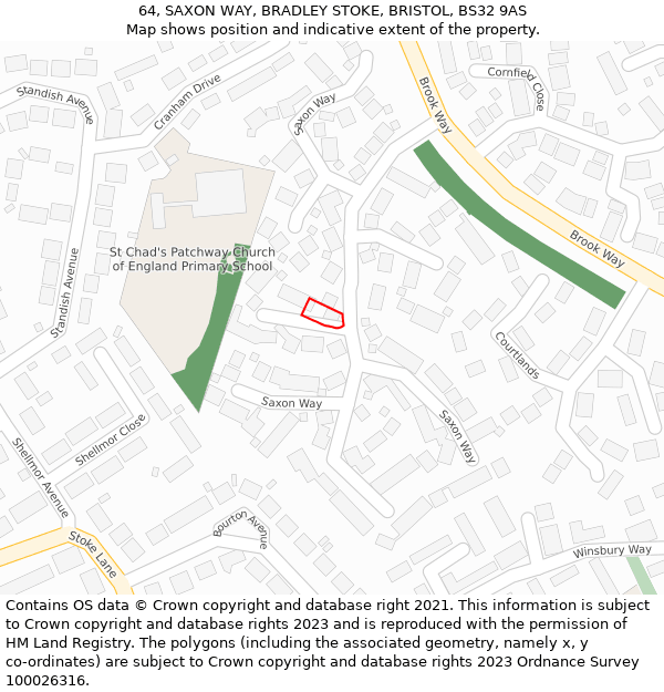 64, SAXON WAY, BRADLEY STOKE, BRISTOL, BS32 9AS: Location map and indicative extent of plot