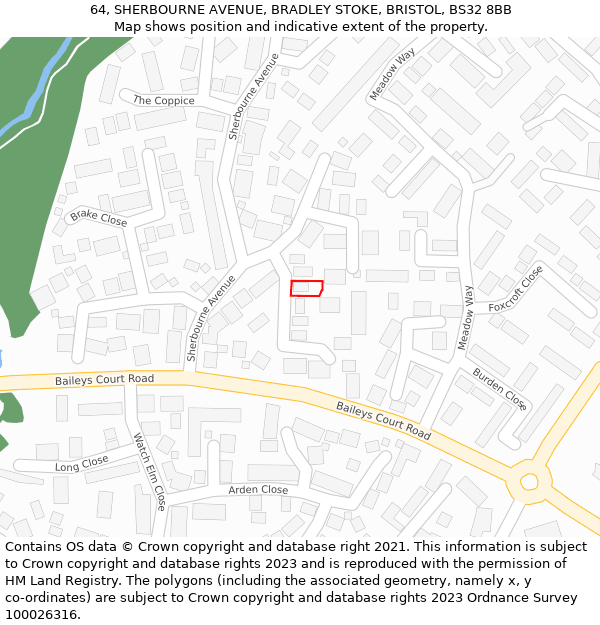 64, SHERBOURNE AVENUE, BRADLEY STOKE, BRISTOL, BS32 8BB: Location map and indicative extent of plot