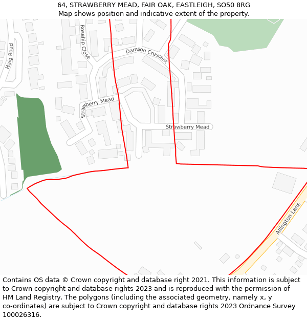 64, STRAWBERRY MEAD, FAIR OAK, EASTLEIGH, SO50 8RG: Location map and indicative extent of plot