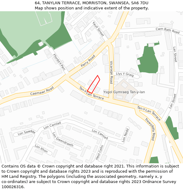 64, TANYLAN TERRACE, MORRISTON, SWANSEA, SA6 7DU: Location map and indicative extent of plot