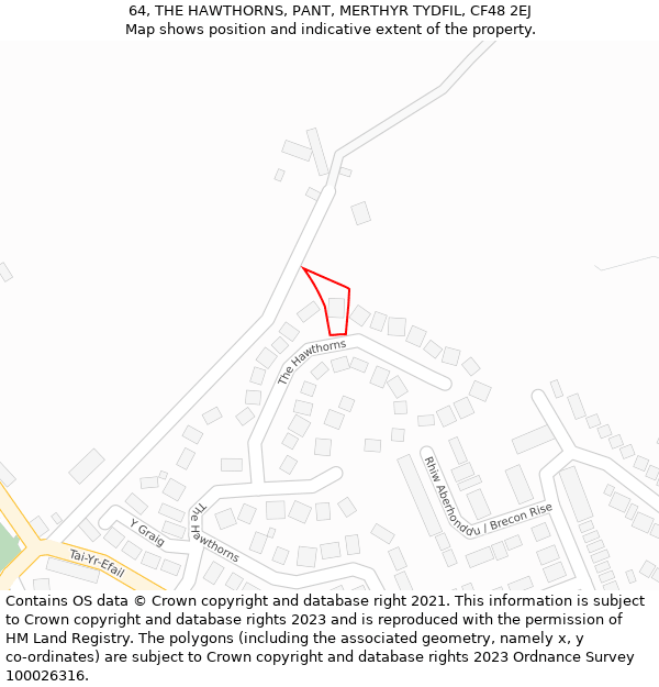 64, THE HAWTHORNS, PANT, MERTHYR TYDFIL, CF48 2EJ: Location map and indicative extent of plot