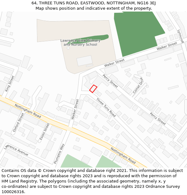 64, THREE TUNS ROAD, EASTWOOD, NOTTINGHAM, NG16 3EJ: Location map and indicative extent of plot