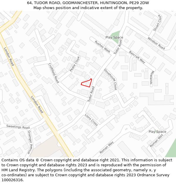 64, TUDOR ROAD, GODMANCHESTER, HUNTINGDON, PE29 2DW: Location map and indicative extent of plot