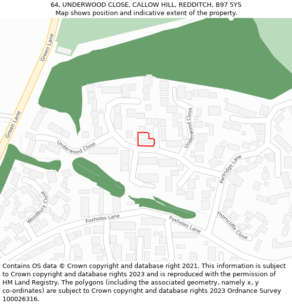 64, UNDERWOOD CLOSE, CALLOW HILL, REDDITCH, B97 5YS: Location map and indicative extent of plot