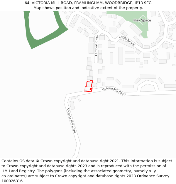 64, VICTORIA MILL ROAD, FRAMLINGHAM, WOODBRIDGE, IP13 9EG: Location map and indicative extent of plot