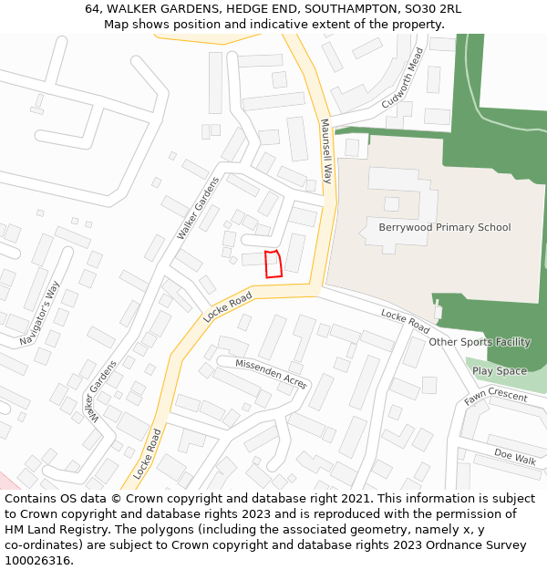 64, WALKER GARDENS, HEDGE END, SOUTHAMPTON, SO30 2RL: Location map and indicative extent of plot
