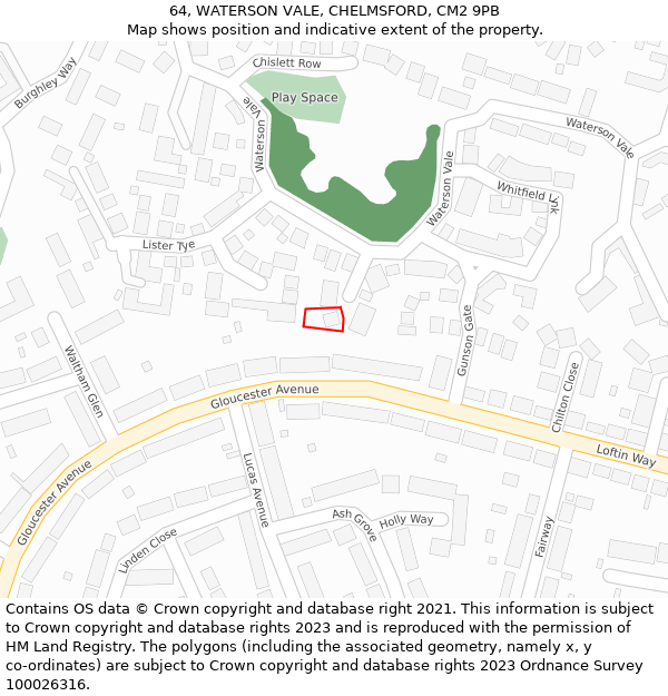 64, WATERSON VALE, CHELMSFORD, CM2 9PB: Location map and indicative extent of plot